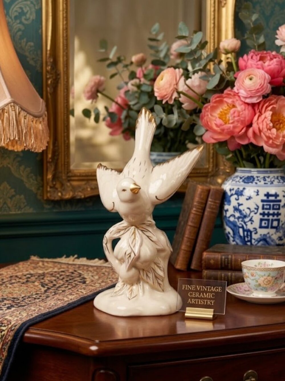 White Ceramic Bird Figurine Gold Trim Wings Up Vintage